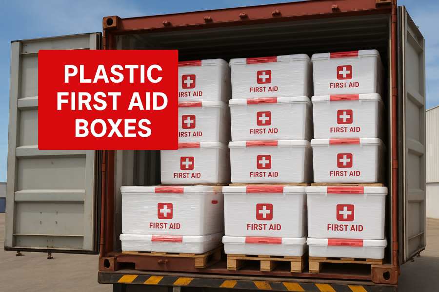 Yiwu Kebon Healthcare levererar en full behållare med plast första hjälpen till Dubai