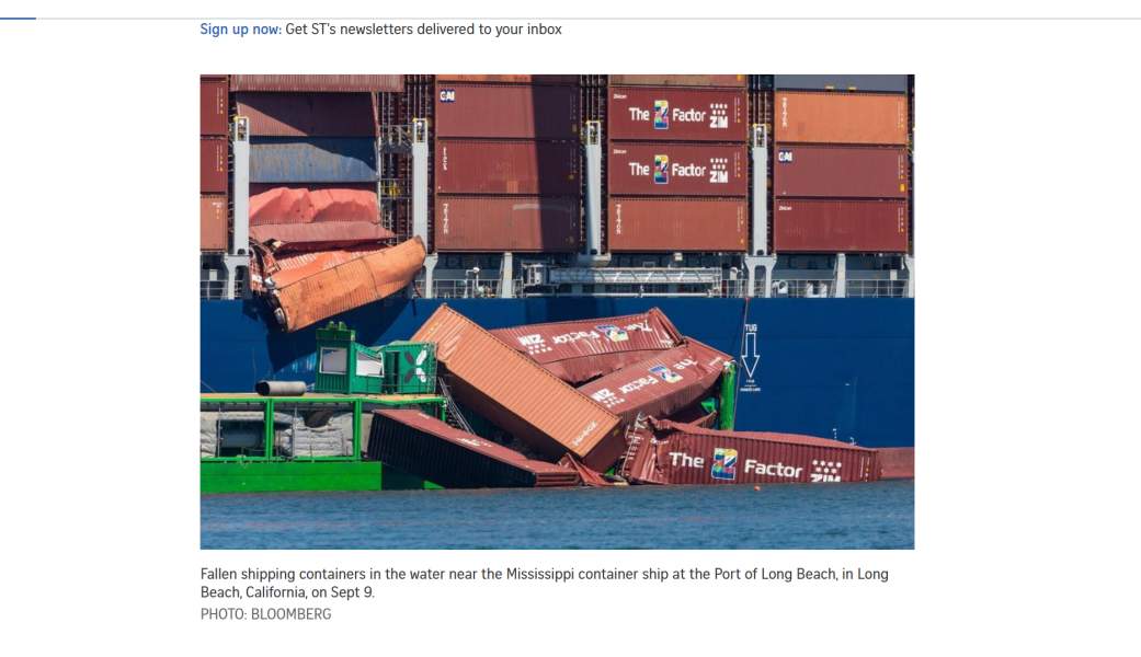 Fraktcontainrar trumlar överbord utanför Mississippi -fartyget i Port of Long Beach, en av de mest trafikerade hamnarna i USA